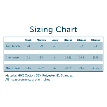 Sizing chart for the Embroidered Luxe Quarter Zip with body length, chest width, and sleeve length for sizes Small to 3XL. Material: 60% cotton, 35% polyester, 5% spandex.