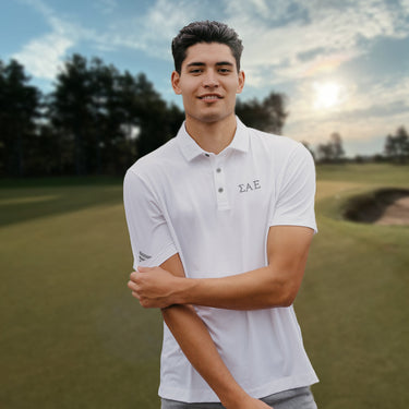 New! SAE White Adidas Golf Polo With Greek Letters