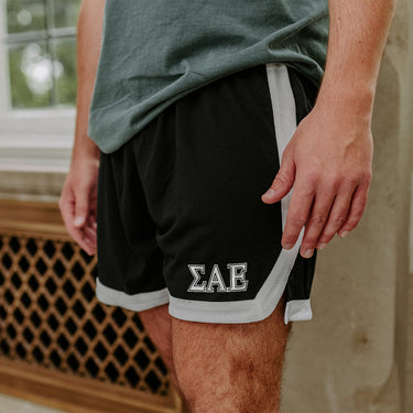 SAE Greek Fraternity Black 7" Mesh Shorts with Greek letters.