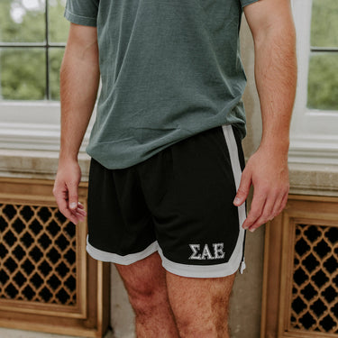Sigma Alpha EpsilonFraternity Black 7" Mesh Shorts with Greek letters.