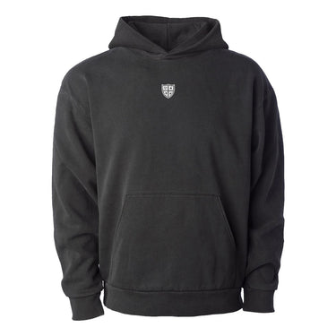 Black heavyweight hoodie with Sigma Alpha Epsilon Greek letters embroidered in white on the center chest.