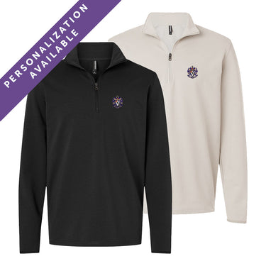 Two Sigma Alpha Epsilon Embroidered Luxe Quarter Zips in black and smoke colors with crest embroidery on the left chest. Banner reads Personalization Available.
