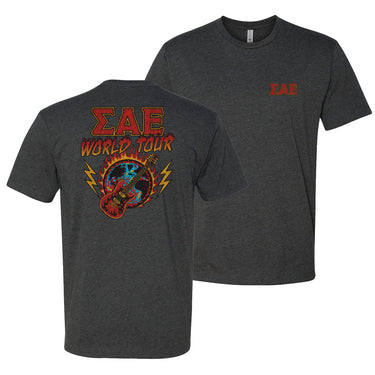 Charcoal t-shirt called the Sigma Alpha Epsilon World Tour tee with vintage rock-inspired design, bold SAE letters on front, and fiery guitar graphic on back.