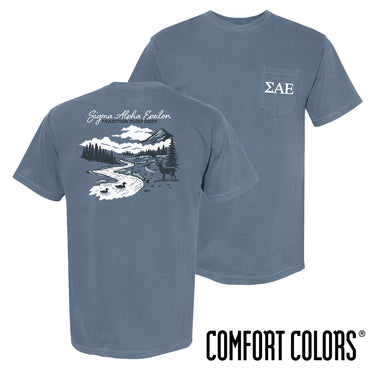 SAE fraternity t-shirt featuring an outdoor nature scene.