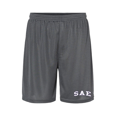 embroidered graphite 7 inch mesh shorts front view