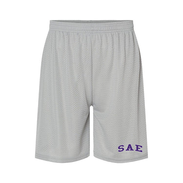 embroidered silver 7 inch mesh shorts front view