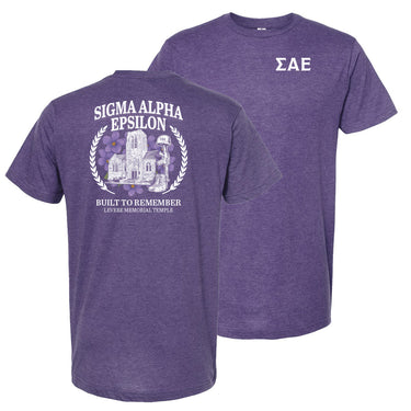 Purple short sleeve t-shirt depicting the Sigma Alpha Epsilon (SAE) Levere Memorial Temple on the back.