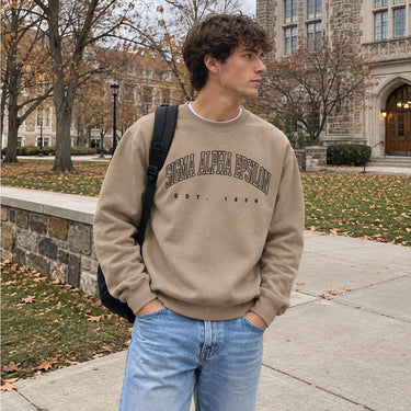 Man wearing a tan crewneck with premium classic fraternity design