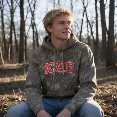College-aged male wearing the fraternity Deadwood Camo Hoodie with red and white Sigma Alpha Epsilon lettering, seated outdoors in a wooded setting.