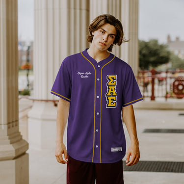 Sigma Alpha Epsilon sublimated fraternity baseball jersey.