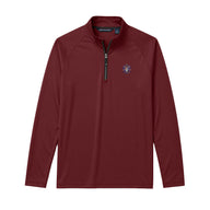 Maroon Cutter + Buck Adapt quarter zip pullover with embroidered crest on the left chest, stand-up collar, and black zipper detailing.
