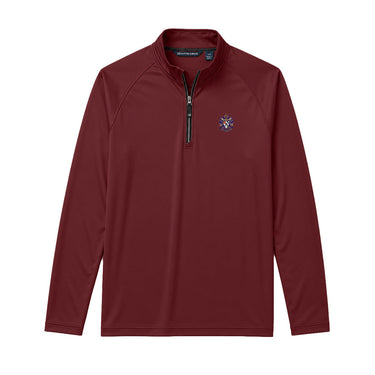 Maroon Cutter + Buck Adapt quarter zip pullover with embroidered crest on the left chest, stand-up collar, and black zipper detailing.