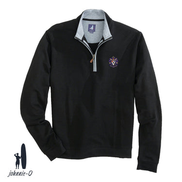 A black johnnie-O quarter-zip pullover with a gray collar and leather zipper pull, featuring an embroidered fraternity crest on the left chest. Displayed on a white background with the johnnie-O logo in the bottom corner.