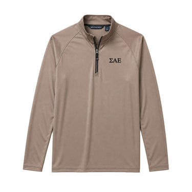 Mushroom Cutter & Buck Adapt quarter-zip pullover with black embroidered Sigma Alpha Epsilon Greek letters on the left chest.