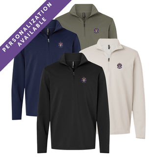 Four Sigma Alpha Epsilon Embroidered Luxe Quarter Zips in black, smoke, navy, and pine colors with crest embroidery on the left chest. Banner reads Personalization Available.