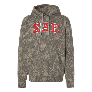 SAE Deadwood Camo Hoodie featuring an all-over woodland camouflage print, red and white arched Sigma Alpha Epsilon lettering, drawstring hood, and kangaroo pocket.