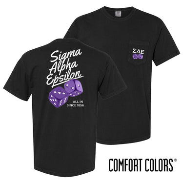 Comfort Colors High Roller Tee shown front and back, featuring a small dice graphic on the chest pocket and a large casino-inspired dice design on the back.