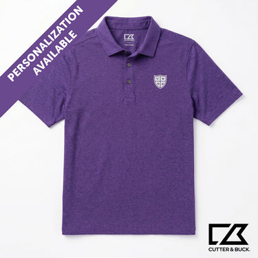 Purple Cutter & Buck polo shirt with embroidered crest logo and “Personalization Available” banner displayed.