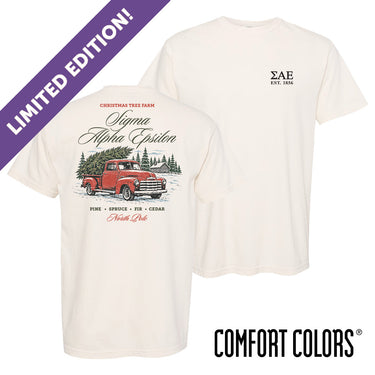 Limited edition Tree Farm Holiday Tee featuring a small fraternity chest design and vintage Christmas tree farm graphic on the back.