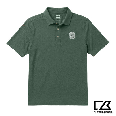Green heathered Cutter & Buck polo with an embroidered crest on the chest.