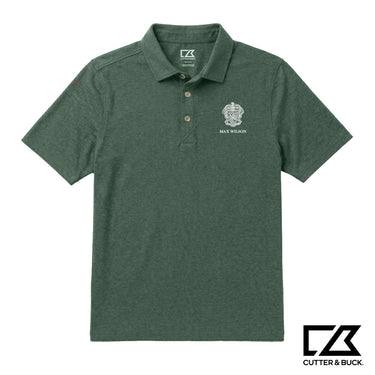 Green heathered Cutter & Buck polo featuring an embroidered crest and personalized name on the chest.