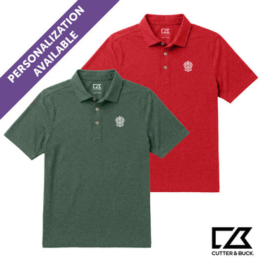 Two heathered Cutter & Buck polo shirts in green and red with embroidered crest detail and personalization available.