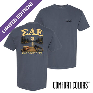 Front and back view of a blue Comfort Colors graphic t-shirt with vintage lake-inspired artwork