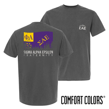 Fraternity grey short sleeve tee with colorful flag design on back and chest pocket log