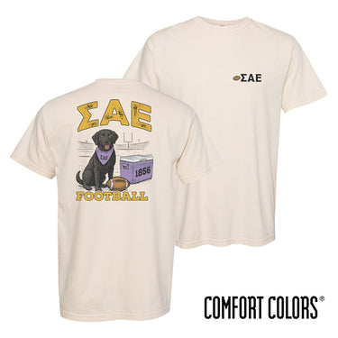 SAE fraternity t-shirt featuring a black lab in a football stadium