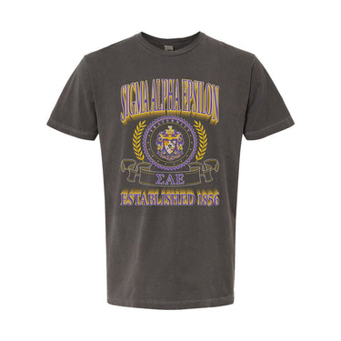 SAE Collegiate Crest Graphic Tee in charcoal grey featuring bold Sigma Alpha Epsilon lettering, fraternity crest, Greek letters, and established year design.
