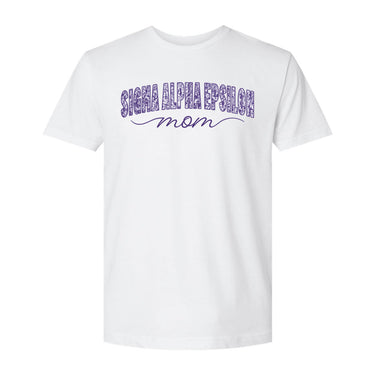 Front view of white t-shirt featuring violet flower mom graphic.