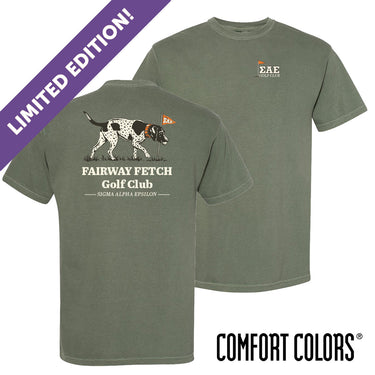 Front and back view of moss green Comfort Colors T-shirt featuring a vintage-inspired hunting dog mid-fetch, paired with a classic golf flag.